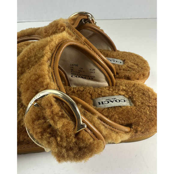 Coach Hollie Flip Flops Plush Shearling Slip On Thong Sandals Butterscotch Sz 9B - Picture 9 of 14